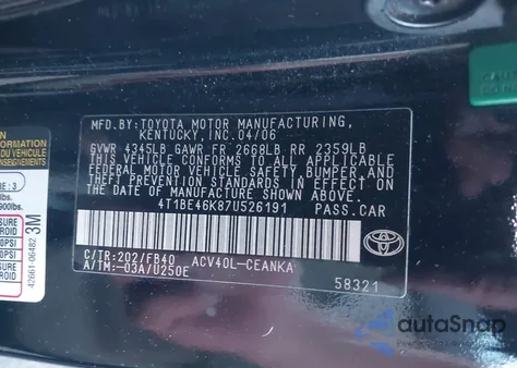 2007 Toyota Camry Le z USA, uszkodzony, nr VIN 4T1BE46K87U526191